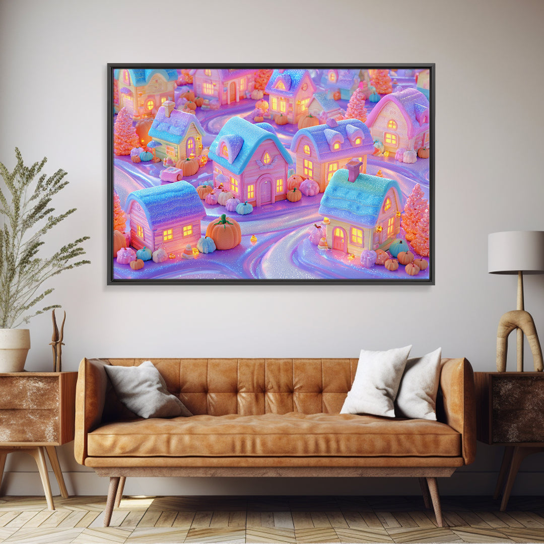 Candy Corn Village, 80s Halloween Wall Art, Landscape Wall Art, Framed Canvas Print, Retro Halloween Decor, Neon Wall Art, Spooky Wall Decor