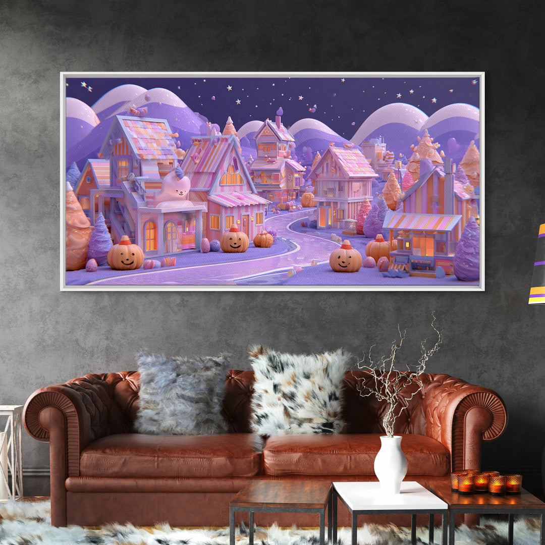 Candy Corn Village, 80s Halloween Wall Art, Wide Panoramic Art, Framed Canvas Print, Retro Halloween Decor, Neon Wall Art