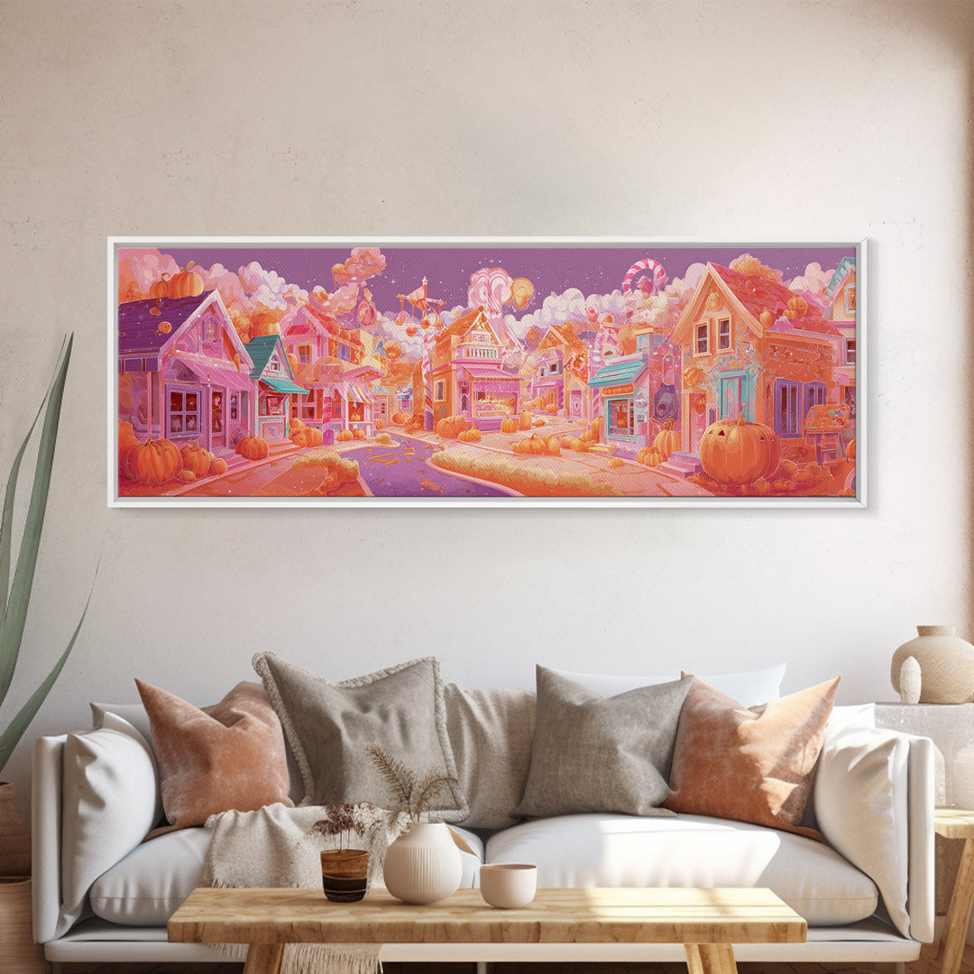 Candy Corn Village, Retro Neon Halloween Art, Extra Wide Wall Art, Canvas Print, Retro Halloween Decor, Neon Wall Art, Statement Wall Art