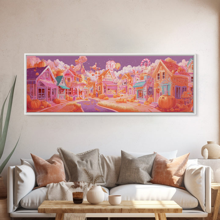 Candy Corn Village, Retro Neon Halloween Art, Extra Wide Wall Art, Canvas Print, Retro Halloween Decor, Neon Wall Art, Statement Wall Art