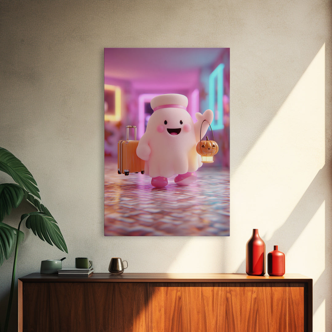 The Friendly Ghost Hotel, Retro Neon Halloween Art, Vertical Wall Art, Canvas Print, Retro Halloween Decor, Neon Wall Art, Horror Wall Art