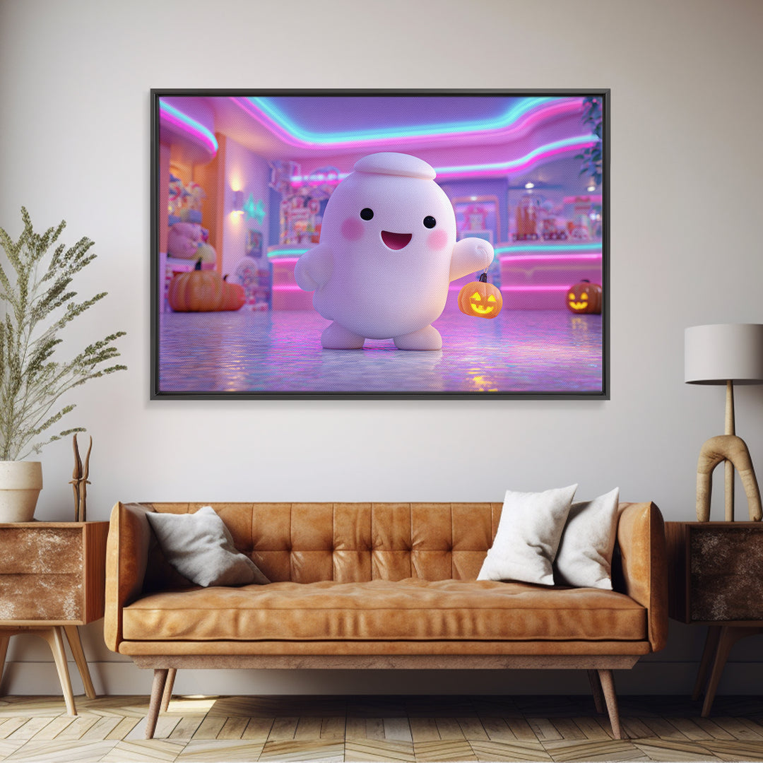 The Friendly Ghost Hotel, Cute Spooky Neon Art, Landscape Wall Art, Canvas Print, Retro Halloween Decor, Neon Wall Art, Macabre Wall Art