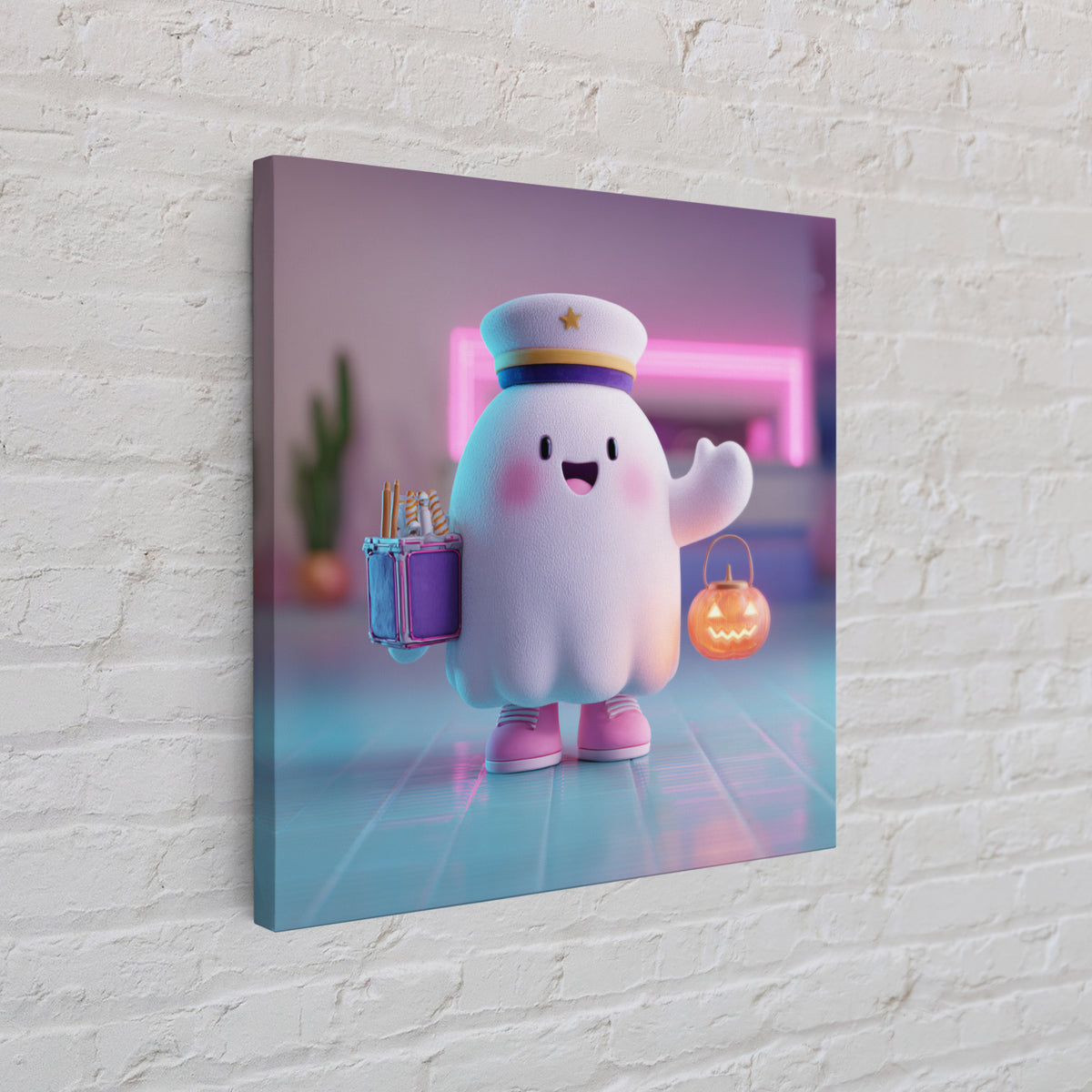 The Friendly Ghost Hotel, 80s Halloween Wall Art, Square Wall Art, Canvas Print, Retro Halloween Decor, Neon Wall Art, Horror Wall Art