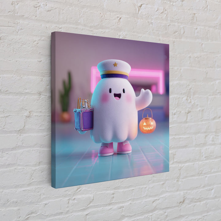 The Friendly Ghost Hotel, 80s Halloween Wall Art, Square Wall Art, Canvas Print, Retro Halloween Decor, Neon Wall Art, Horror Wall Art