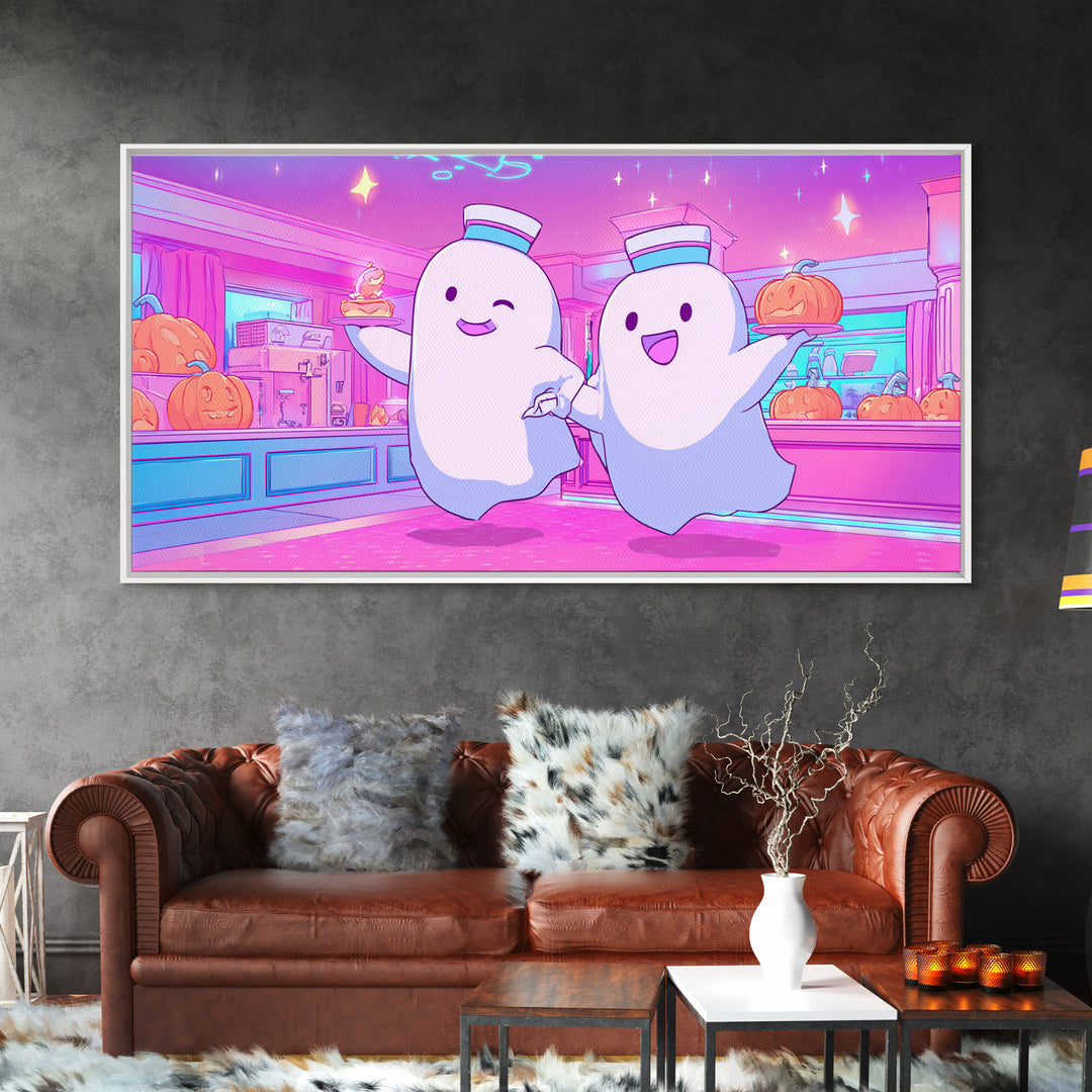 The Friendly Ghost Hotel, Cute Spooky Neon Art, Wide Panoramic Art, Framed Canvas Print, Retro Halloween Decor, Neon Wall Art