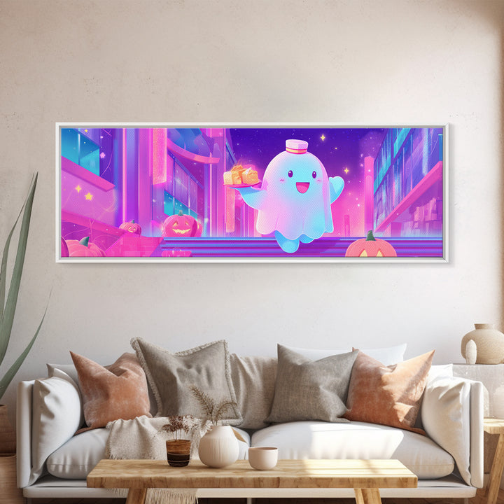 The Friendly Ghost Hotel, Cute Spooky Neon Art, Extra Wide Wall Art, Canvas Print, Retro Halloween Decor, Neon Wall Art, Dark Fantasy Art