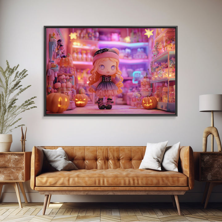 The Moonlight Toy Shop, 80s Halloween Wall Art, Landscape Wall Art, Canvas Print, Retro Halloween Decor, Neon Wall Art, Macabre Wall Art