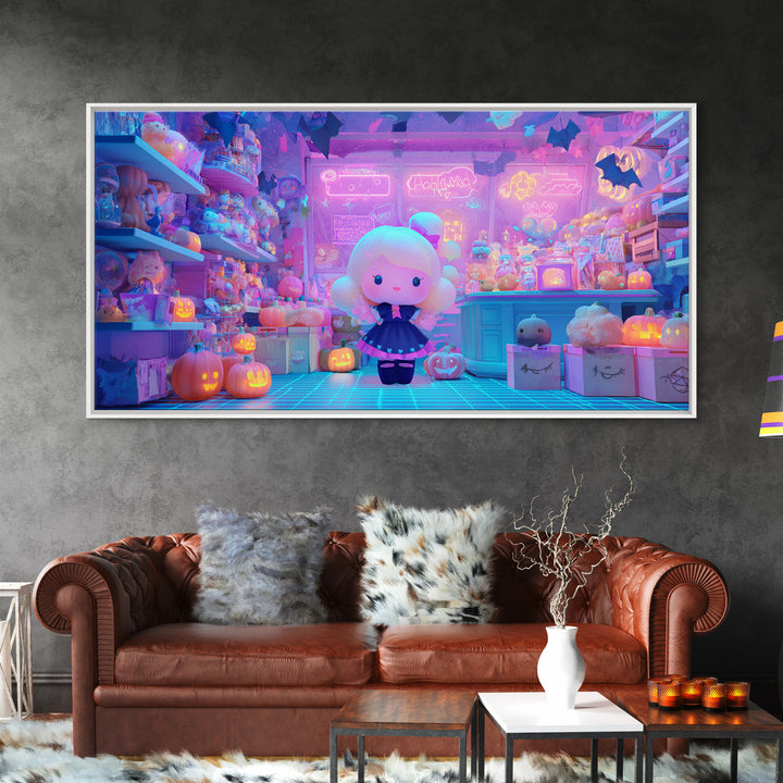 The Moonlight Toy Shop, Vaporwave Halloween Decor, Wide Panoramic Art, Canvas Print, Retro Halloween Decor, Neon Wall Art