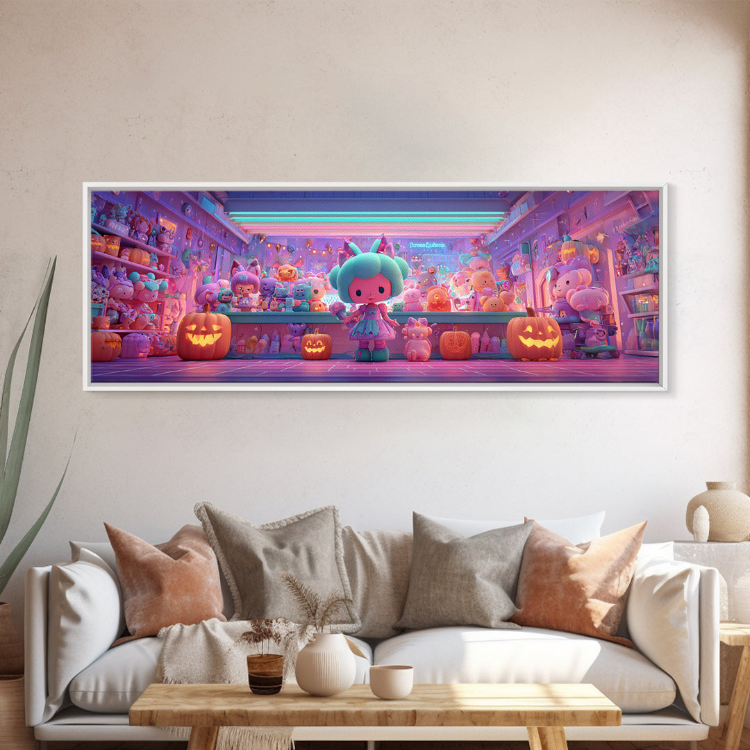 The Moonlight Toy Shop, Cute Spooky Neon Art, Extra Wide Wall Art, Canvas Print, Retro Halloween Decor, Neon Wall Art, Statement Wall Art