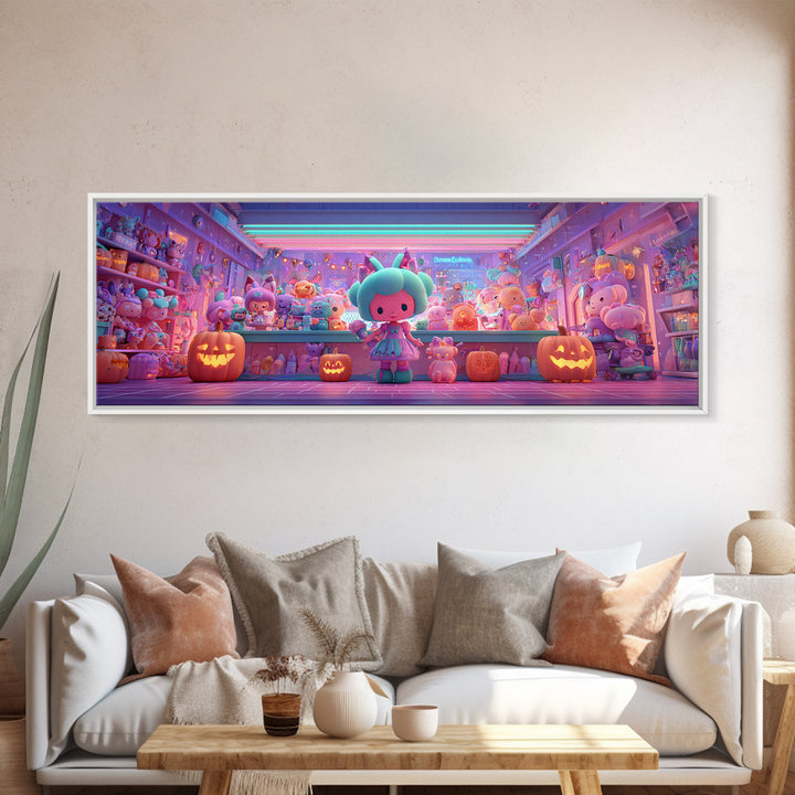 The Moonlight Toy Shop, Cute Spooky Neon Art, Extra Wide Wall Art, Canvas Print, Retro Halloween Decor, Neon Wall Art, Statement Wall Art