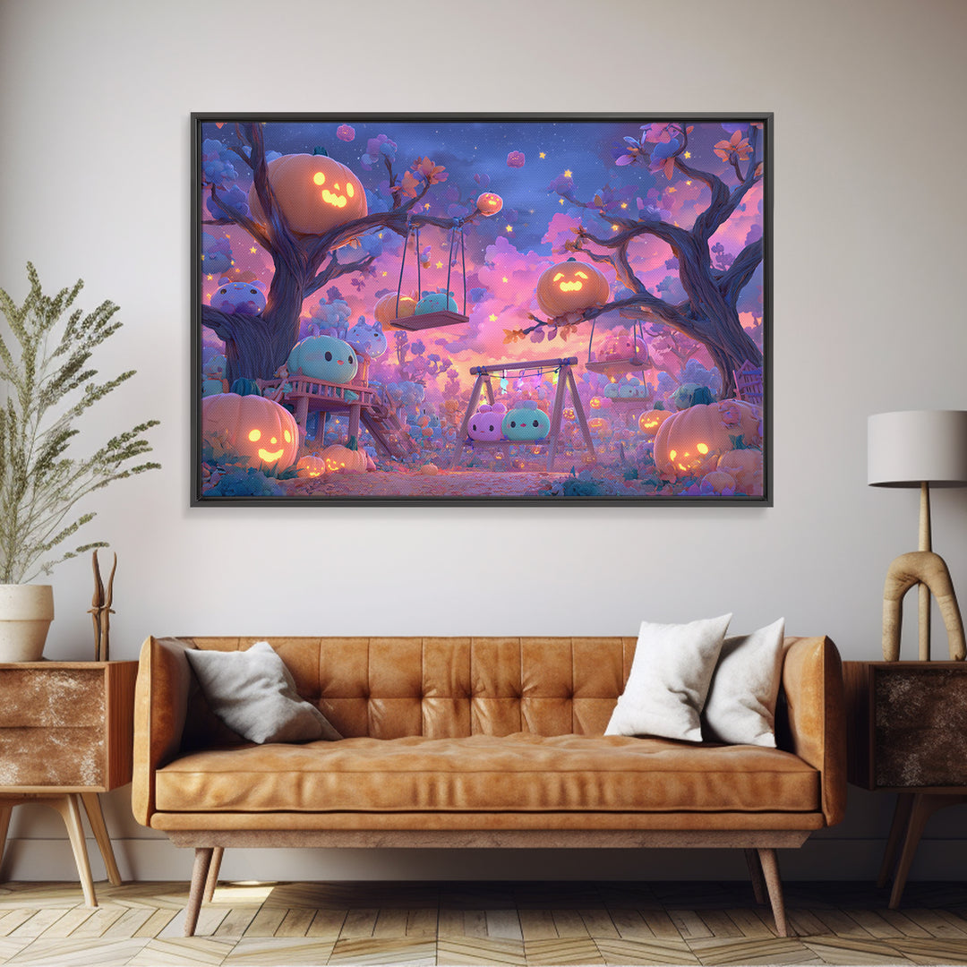 The Pumpkin Patch Playground, Synthwave Halloween Art, Landscape Wall Art, Canvas Print, Retro Halloween Decor, Neon Wall Art