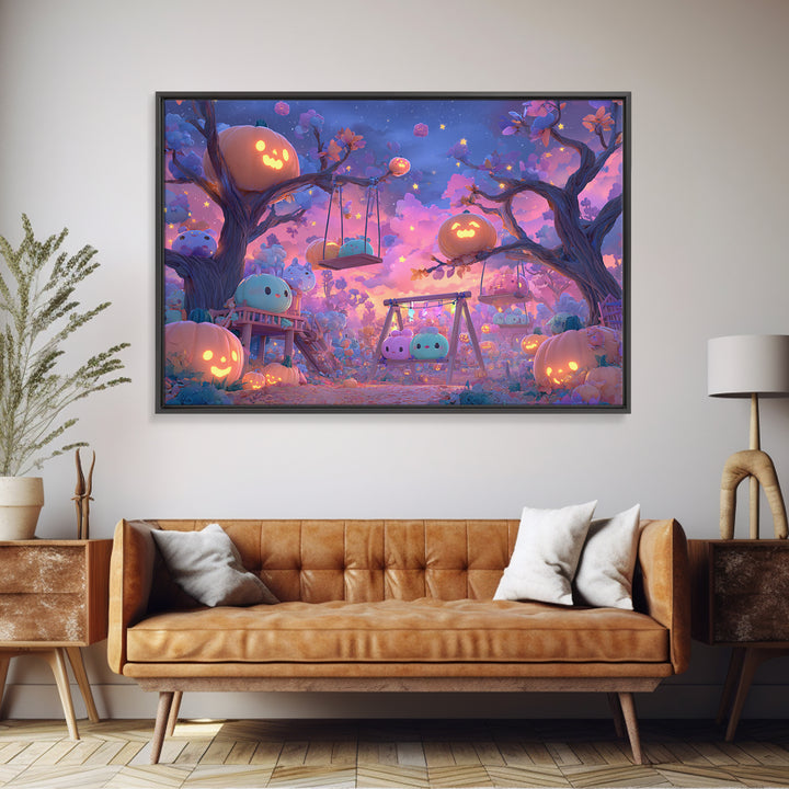 The Pumpkin Patch Playground, Synthwave Halloween Art, Landscape Wall Art, Canvas Print, Retro Halloween Decor, Neon Wall Art