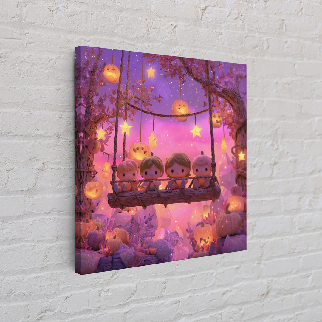 The Pumpkin Patch Playground, Retro Neon Halloween Art, Square Wall Art, Canvas Print, Retro Halloween Decor, Neon Wall Art