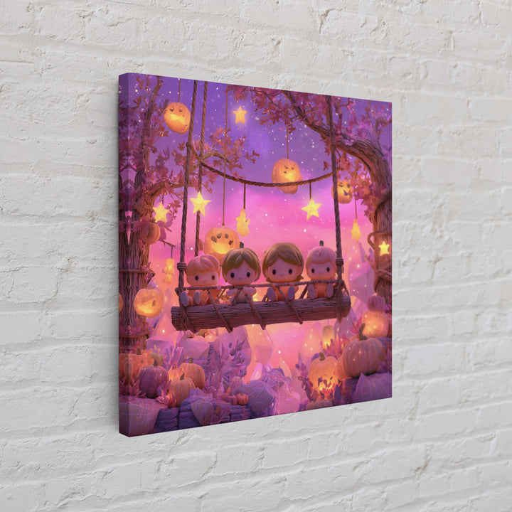 The Pumpkin Patch Playground, Retro Neon Halloween Art, Square Wall Art, Canvas Print, Retro Halloween Decor, Neon Wall Art