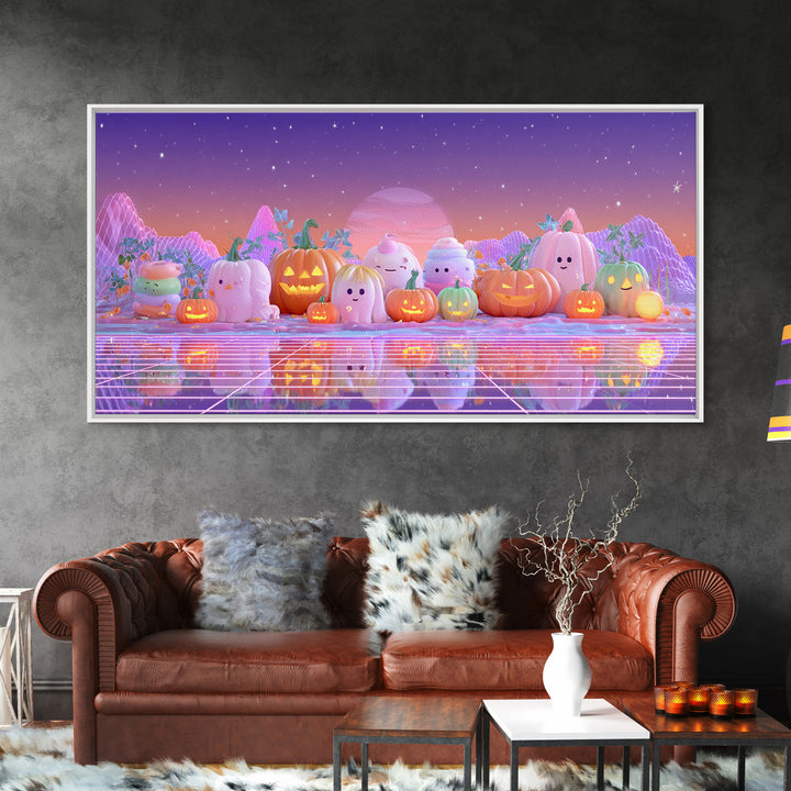 The Pumpkin Patch Playground, Vaporwave Halloween Decor, Wide Panoramic Art, Framed Canvas Print, Retro Halloween Decor, Neon Wall Art