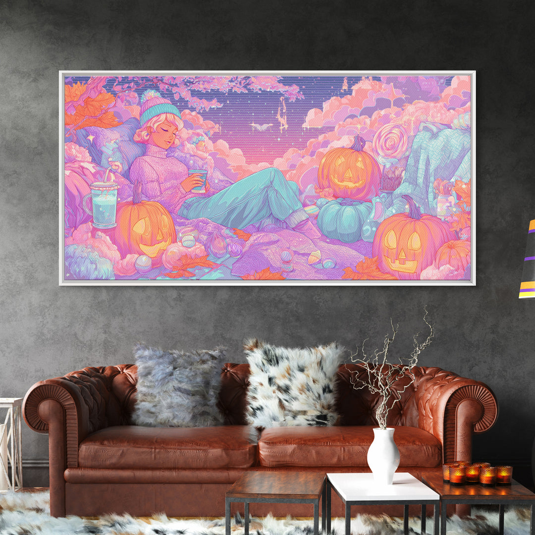 The Enchanted Costume Closet, Vaporwave Halloween Decor, Wide Panoramic Art, Canvas Print, Retro Halloween Decor, Neon Wall Art