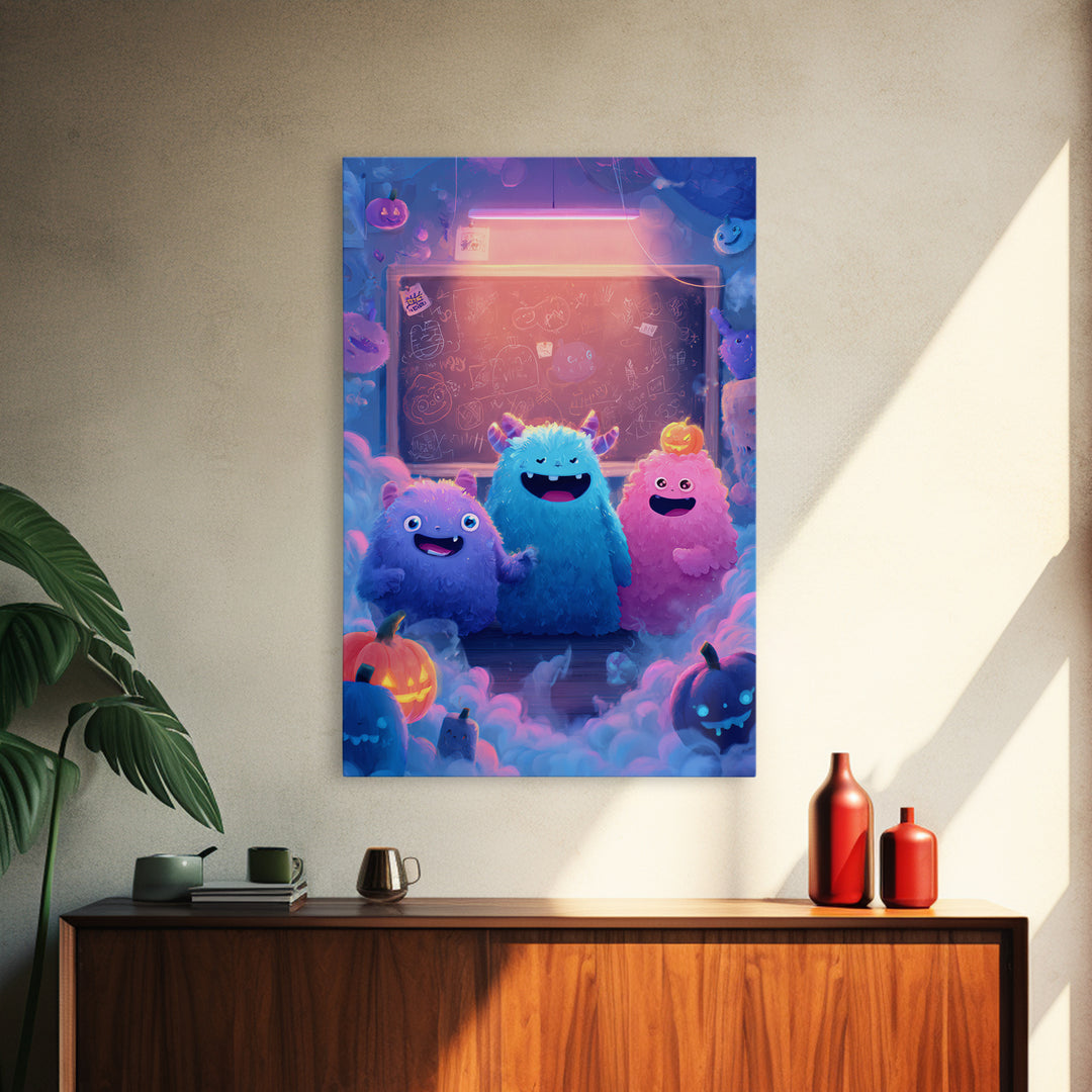 The Little Monster School, 80s Halloween Wall Art, Vertical Wall Art, Canvas Print, Retro Halloween Decor, Neon Wall Art, Spooky Wall Decor