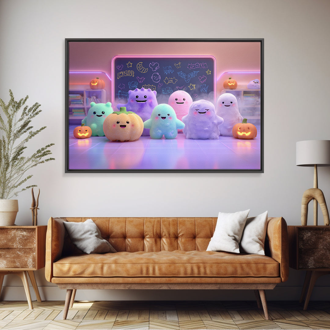 The Little Monster School, Cute Spooky Neon Art, Landscape Wall Art, Framed Canvas Print, Retro Halloween Decor, Neon Wall Art