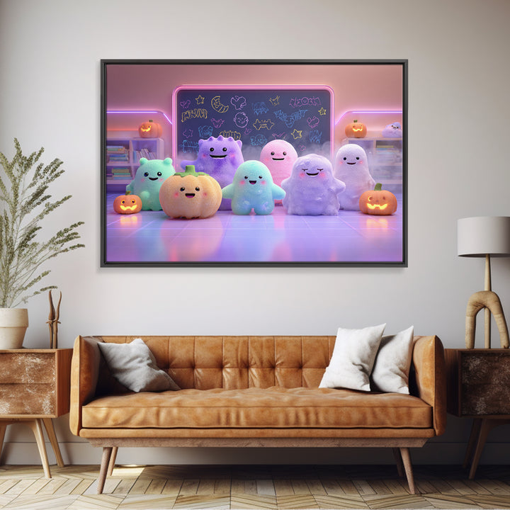 The Little Monster School, Cute Spooky Neon Art, Landscape Wall Art, Framed Canvas Print, Retro Halloween Decor, Neon Wall Art