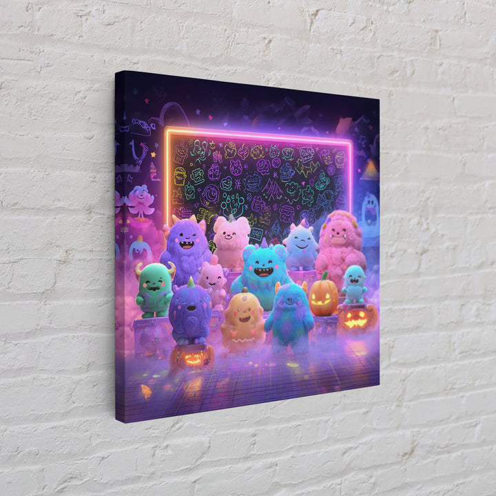 The Little Monster School, Synthwave Halloween Art, Square Wall Art, Canvas Print, Retro Halloween Decor, Neon Wall Art, Seasonal Home Decor