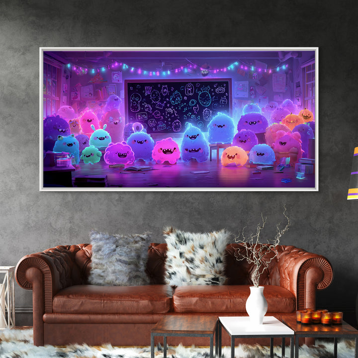 The Little Monster School, Vaporwave Halloween Decor, Wide Panoramic Art, Canvas Print, Retro Halloween Decor, Neon Wall Art
