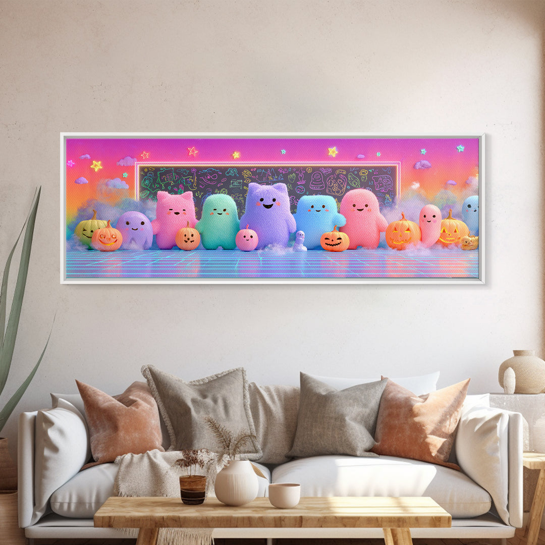 The Little Monster School, Retro Neon Halloween Art, Extra Wide Wall Art, Canvas Print, Retro Halloween Decor, Neon Wall Art