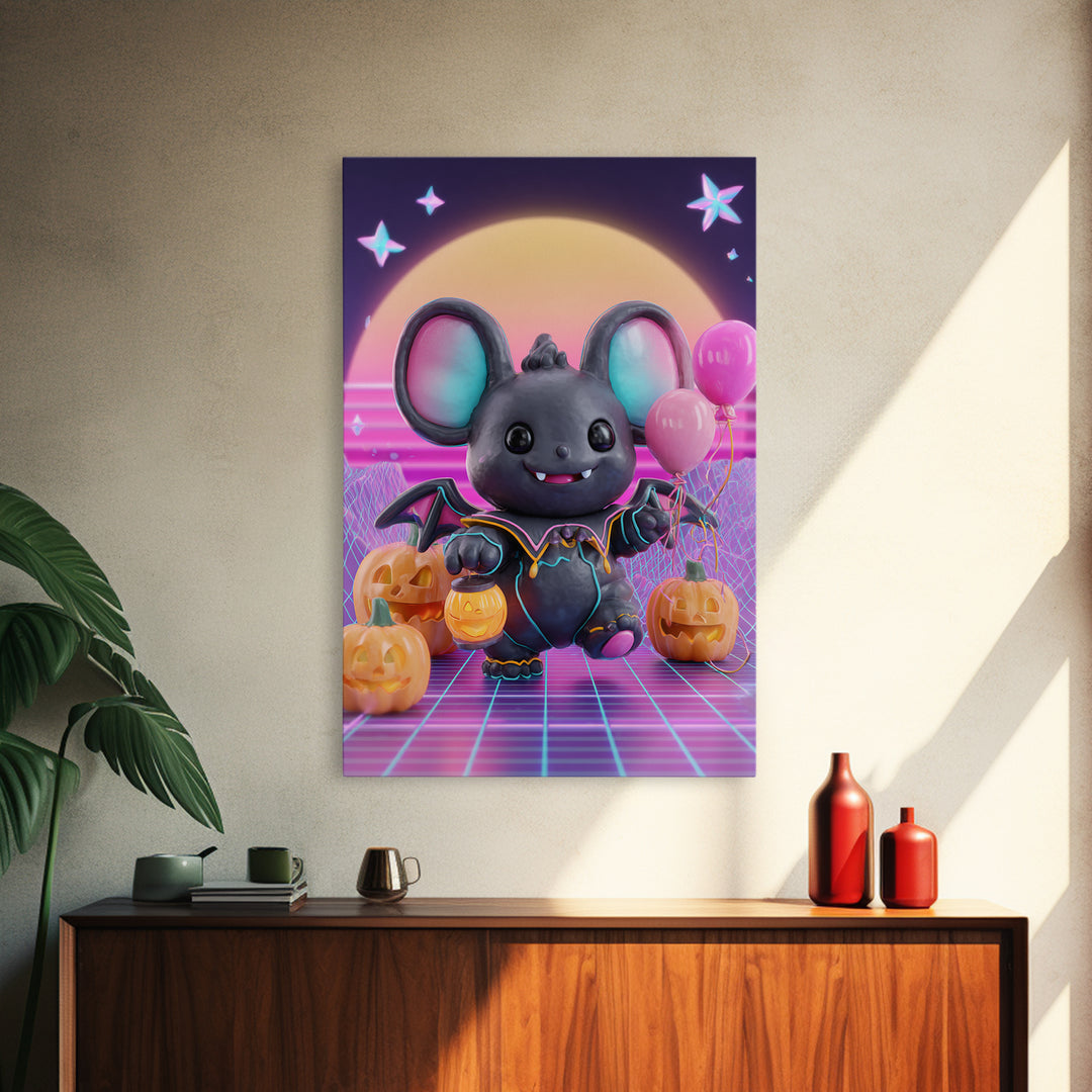The Bat Balloon Factory, Cute Spooky Neon Art, Vertical Wall Art, Canvas Print, Retro Halloween Decor, Neon Wall Art, Collectible Wall Decor