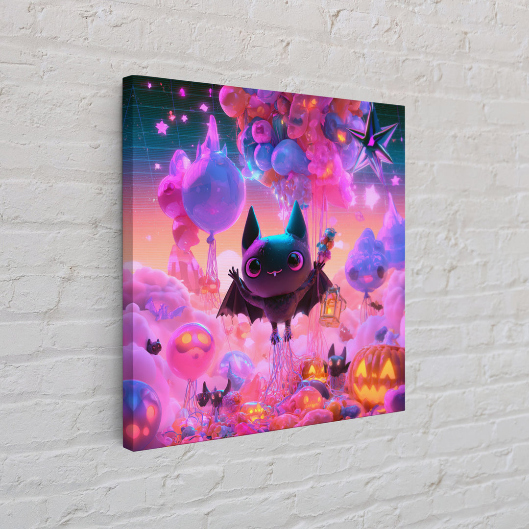 The Bat Balloon Factory, Synthwave Halloween Art, Square Wall Art, Canvas Print, Retro Halloween Decor, Neon Wall Art, Macabre Wall Art