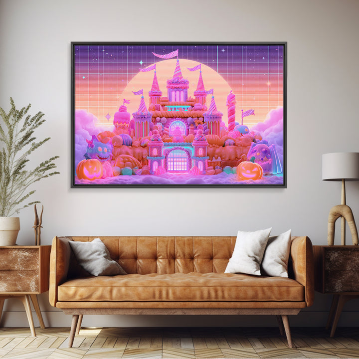 The Candy Castle, Retro Neon Halloween Art, Landscape Wall Art, Framed Canvas Print, Retro Halloween Decor, Neon Wall Art