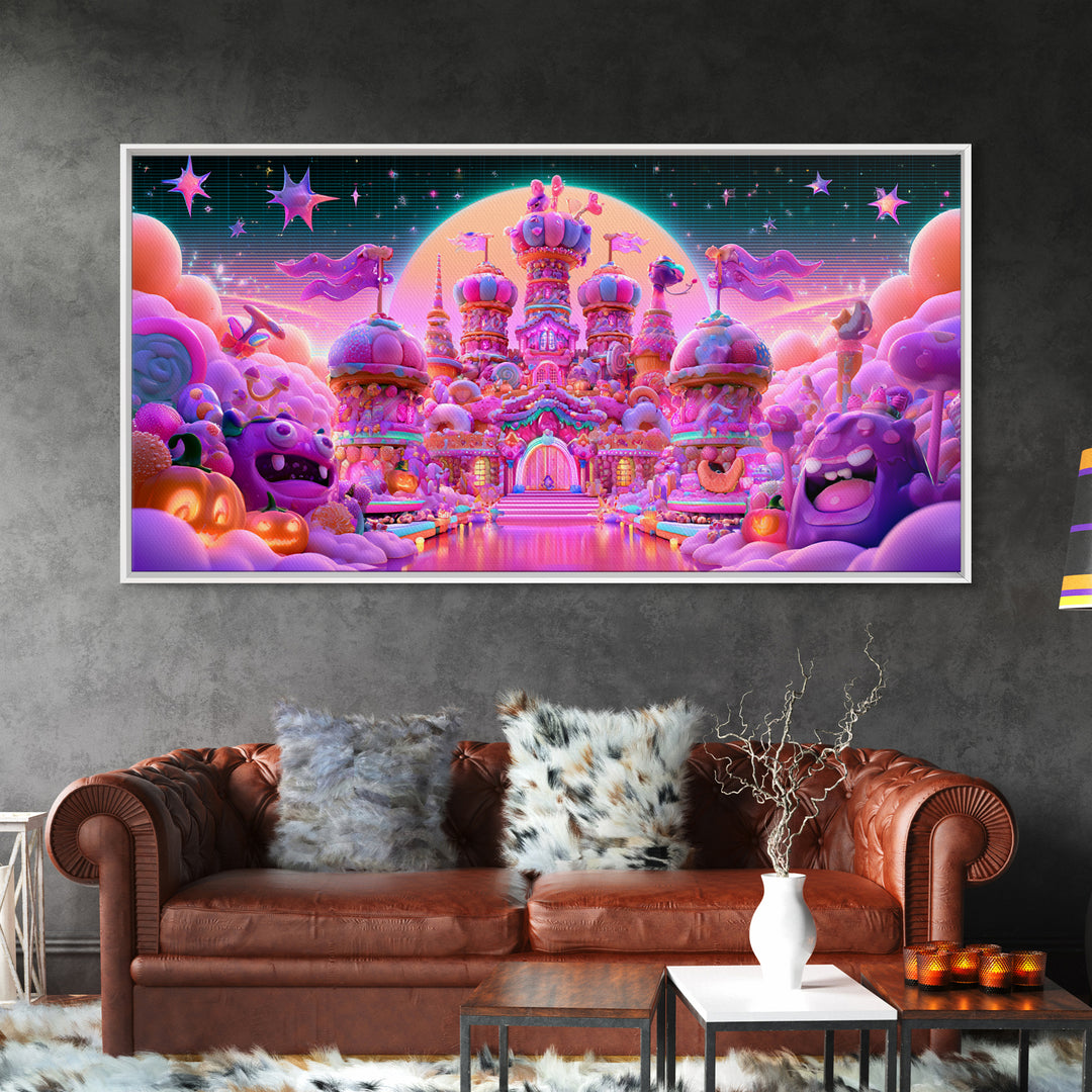 The Candy Castle, Vaporwave Halloween Decor, Wide Panoramic Art, Canvas Print, Retro Halloween Decor, Neon Wall Art, Horror Wall Art