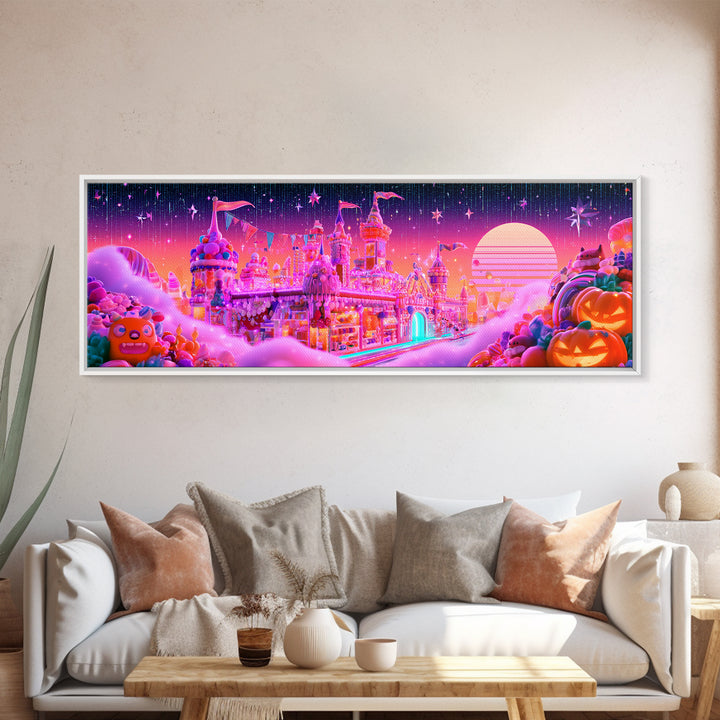 The Candy Castle, Vaporwave Halloween Decor, Extra Wide Wall Art, Canvas Print, Retro Halloween Decor, Neon Wall Art, Spooky Wall Decor