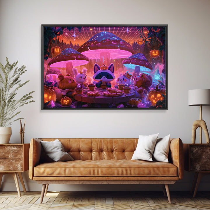The Friendly Forest Cafe, Synthwave Halloween Art, Landscape Wall Art, Framed Canvas Print, Retro Halloween Decor, Neon Wall Art