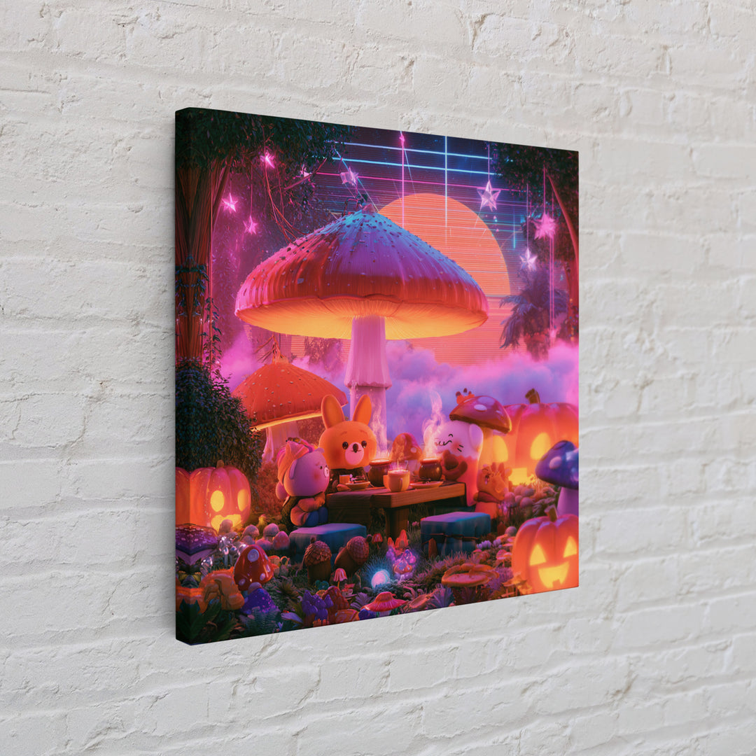 The Friendly Forest Cafe, Synthwave Halloween Art, Square Wall Art, Canvas Print, Retro Halloween Decor, Neon Wall Art, Dark Fantasy Art