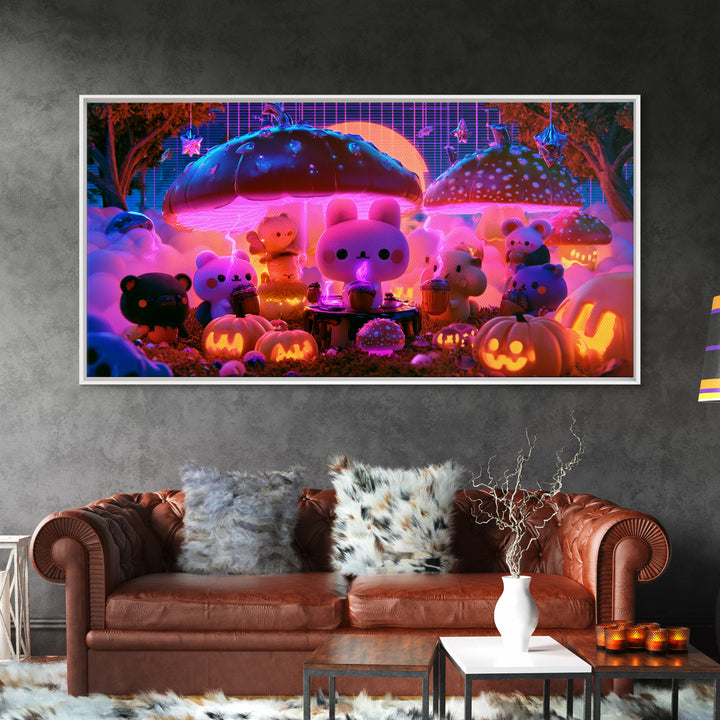 The Friendly Forest Cafe, Retro Neon Halloween Art, Wide Panoramic Art, Framed Canvas Print, Retro Halloween Decor, Neon Wall Art