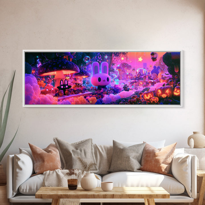 The Friendly Forest Cafe, Cute Spooky Neon Art, Extra Wide Wall Art, Canvas Print, Retro Halloween Decor, Neon Wall Art, Dark Fantasy Art