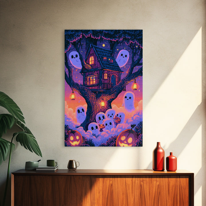 The Ghostly Treehouse, Vaporwave Halloween Decor, Vertical Wall Art, Canvas Print, Retro Halloween Decor, Neon Wall Art, Statement Wall Art