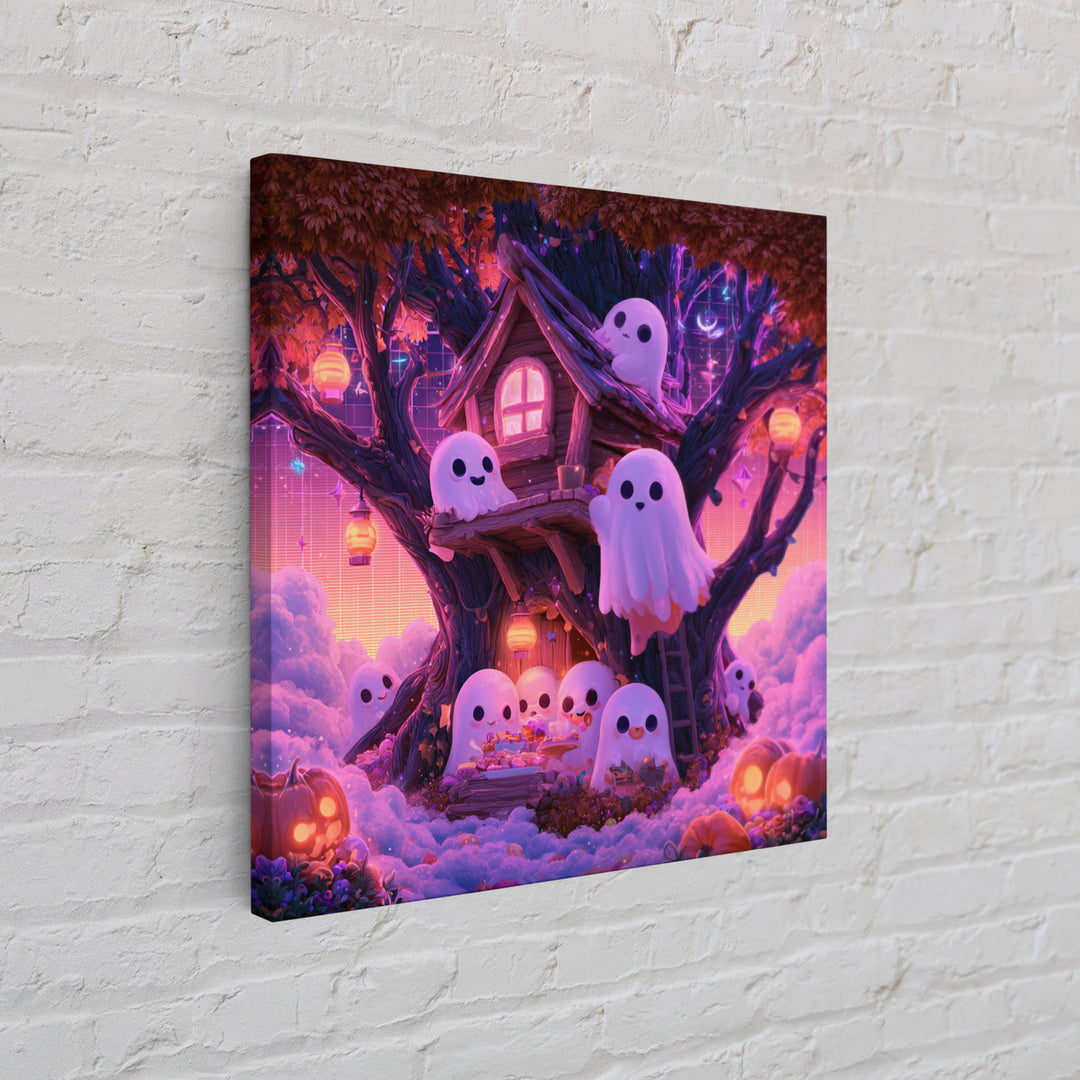 The Ghostly Treehouse, 80s Halloween Wall Art, Square Wall Art, Framed Canvas Print, Retro Halloween Decor, Neon Wall Art