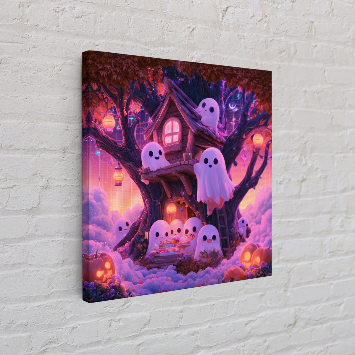 The Ghostly Treehouse, 80s Halloween Wall Art, Square Wall Art, Framed Canvas Print, Retro Halloween Decor, Neon Wall Art