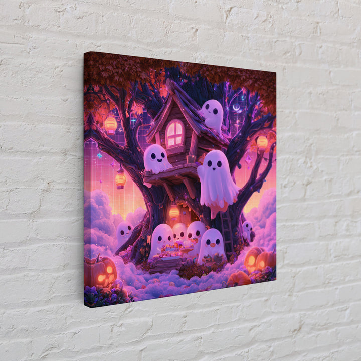 The Ghostly Treehouse, 80s Halloween Wall Art, Square Wall Art, Framed Canvas Print, Retro Halloween Decor, Neon Wall Art
