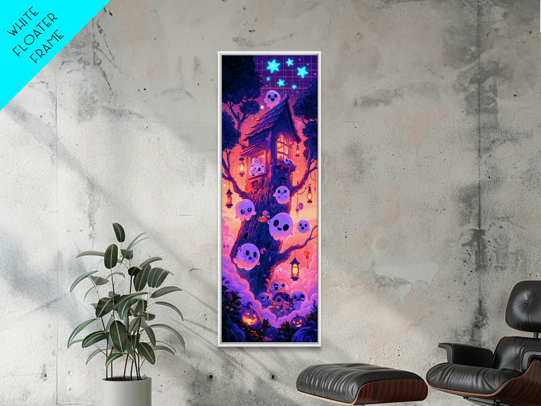 The Ghostly Treehouse, Synthwave Halloween Art, Tall Narrow Wall Art, Canvas Print, Retro Halloween Decor, Neon Wall Art, Macabre Wall Art