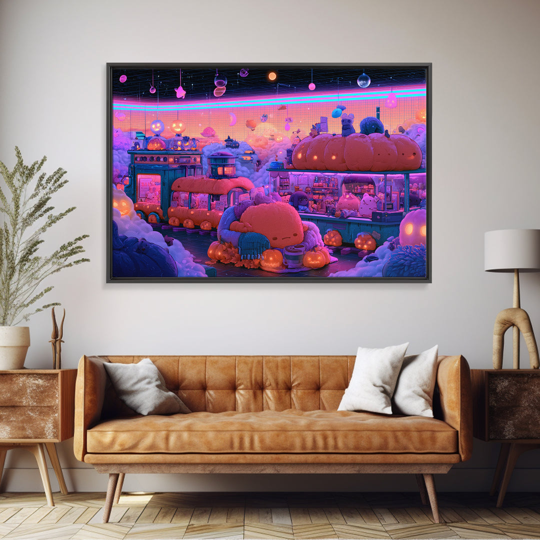 The Pumpkin Train Station, Cute Spooky Neon Art, Landscape Wall Art, Framed Canvas Print, Retro Halloween Decor, Neon Wall Art