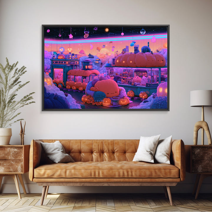 The Pumpkin Train Station, Cute Spooky Neon Art, Landscape Wall Art, Framed Canvas Print, Retro Halloween Decor, Neon Wall Art