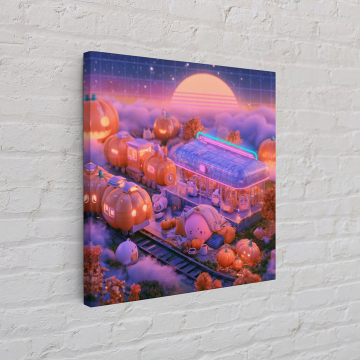 The Pumpkin Train Station, Cute Spooky Neon Art, Square Wall Art, Canvas Print, Retro Halloween Decor, Neon Wall Art, Gothic Home Decor