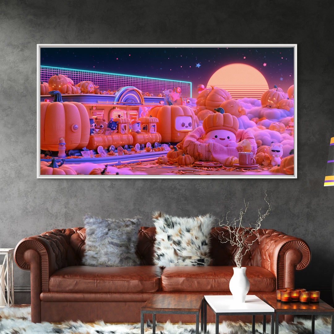 The Pumpkin Train Station, 80s Halloween Wall Art, Wide Panoramic Art, Framed Canvas Print, Retro Halloween Decor, Neon Wall Art