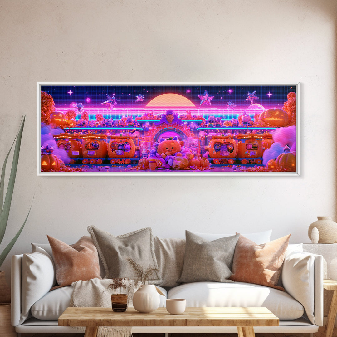 The Pumpkin Train Station, Cute Spooky Neon Art, Extra Wide Wall Art, Framed Canvas Print, Retro Halloween Decor, Neon Wall Art
