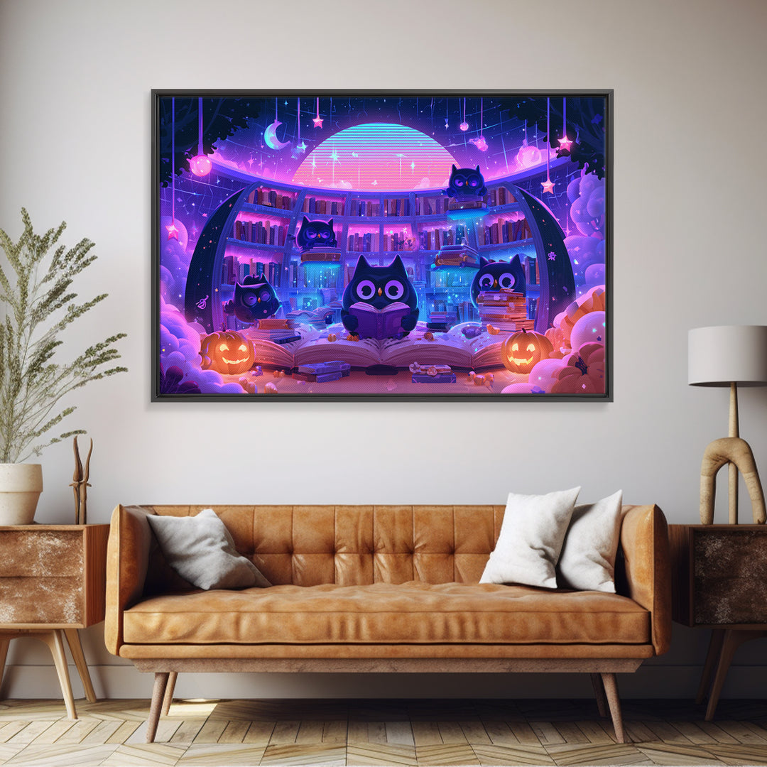 The Moonbeam Library, Synthwave Halloween Art, Landscape Wall Art, Canvas Print, Retro Halloween Decor, Neon Wall Art, Horror Wall Art