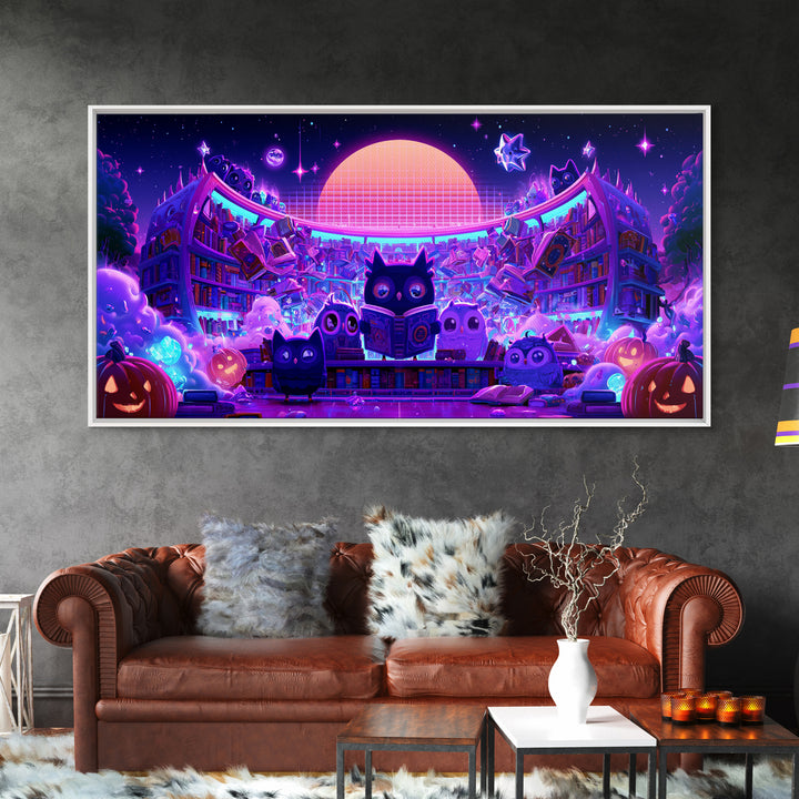 The Moonbeam Library, Vaporwave Halloween Decor, Wide Panoramic Art, Canvas Print, Retro Halloween Decor, Neon Wall Art, Macabre Wall Art