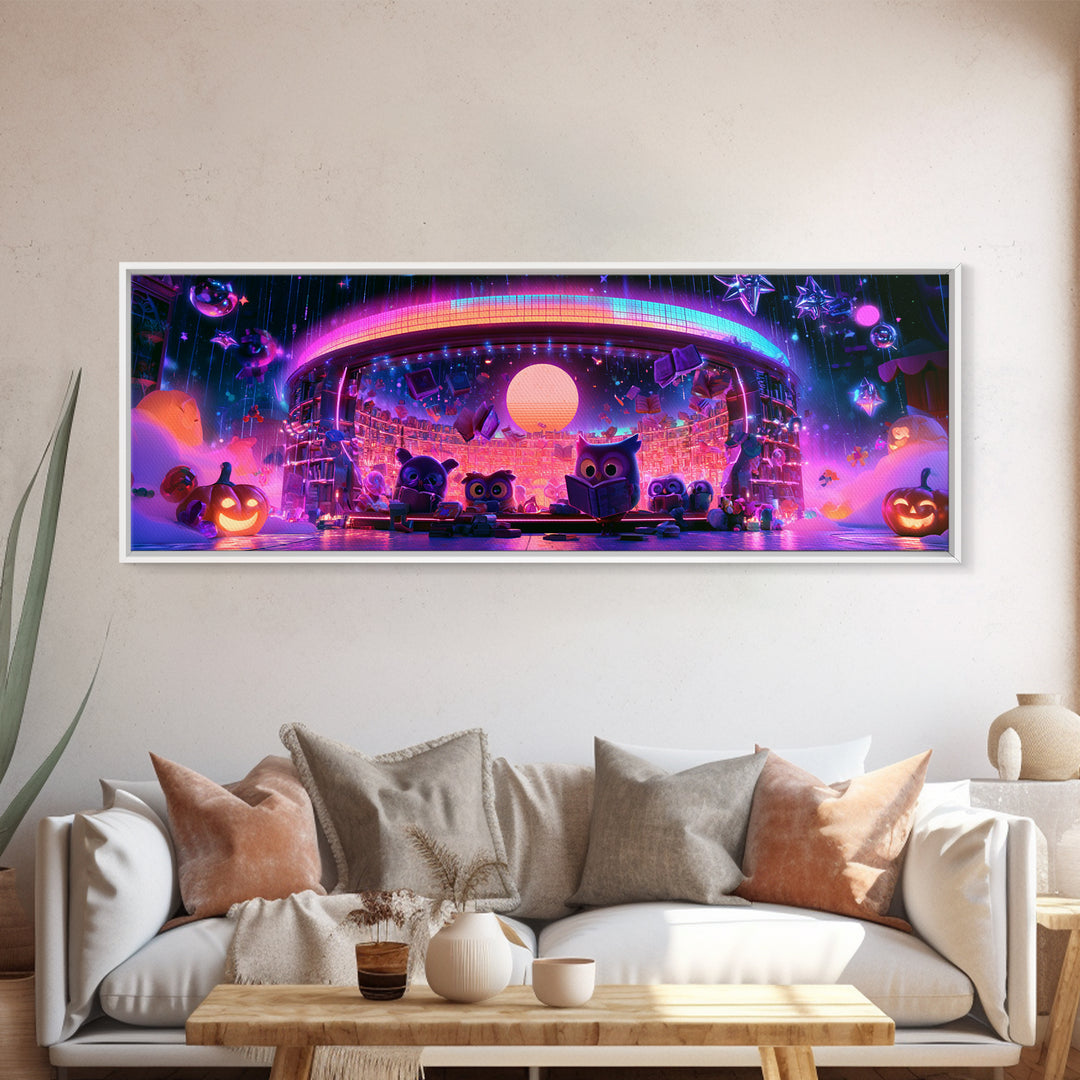 The Moonbeam Library, Cute Spooky Neon Art, Extra Wide Wall Art, Framed Canvas Print, Retro Halloween Decor, Neon Wall Art, Dark Fantasy Art