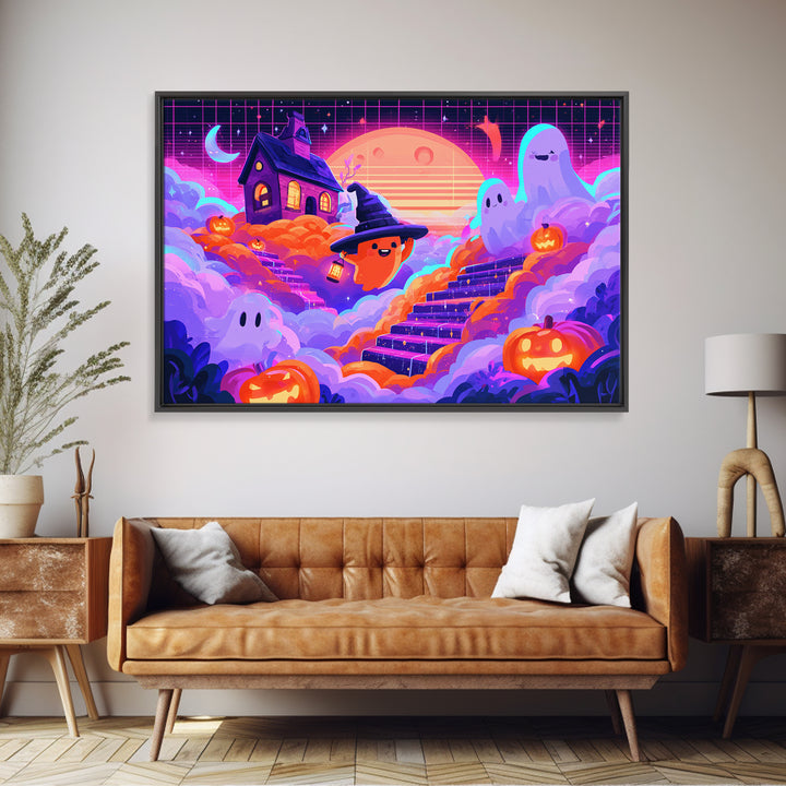 The Halloween Cloud Kingdom, 80s Halloween Wall Art, Landscape Wall Art, Framed Canvas Print, Retro Halloween Decor, Neon Wall Art