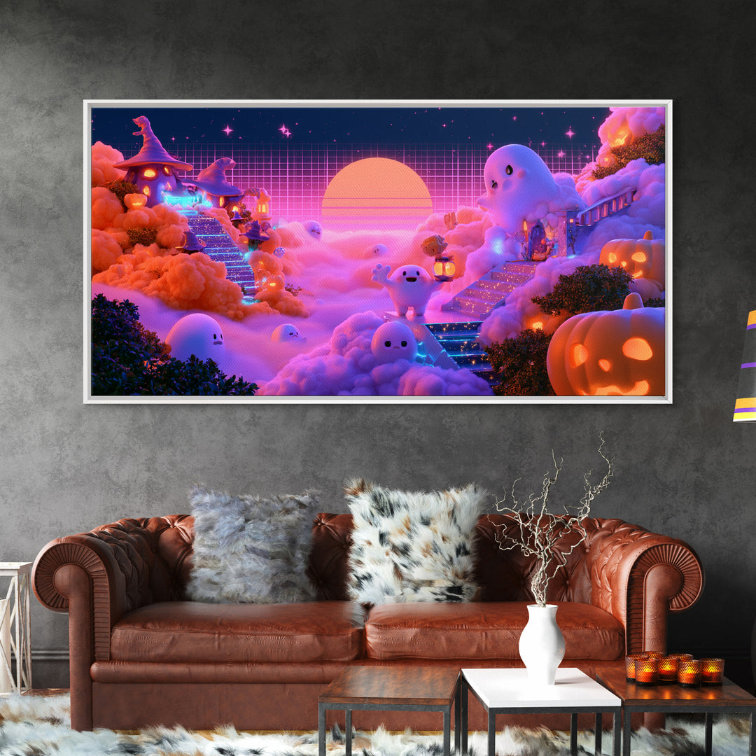 The Halloween Cloud Kingdom, Synthwave Halloween Art, Wide Panoramic Art, Canvas Print, Retro Halloween Decor, Neon Wall Art